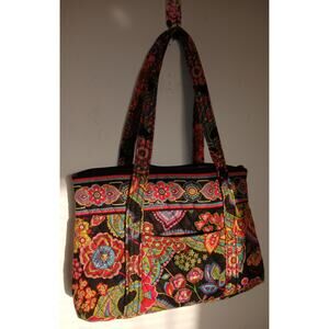 Vera Bradley Purse Black Red Floral Print Large Shoulder Bag Symphony In Hue